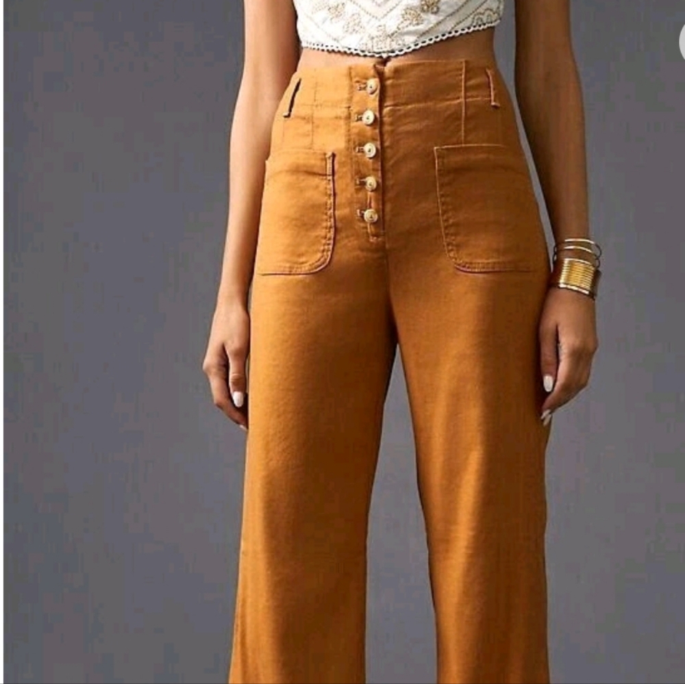 Anthropologie Maeve 6 Relaxed Wide-Leg Trousers Pants High Rise Linen Cedar